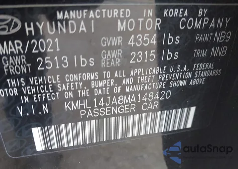 2021 Hyundai Sonata Sel z USA, uszkodzony, nr VIN KMHL14JA8MA148420